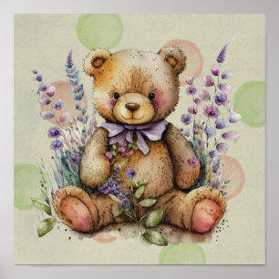 Brun nallebjörn Lavendelblommor och prickar Poster