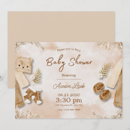 Brun och beige akvarellillustrativ baby shower inbjudningar