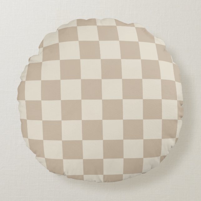 Brun och Beige Checkerboard Rund Kudde (Framsidan)