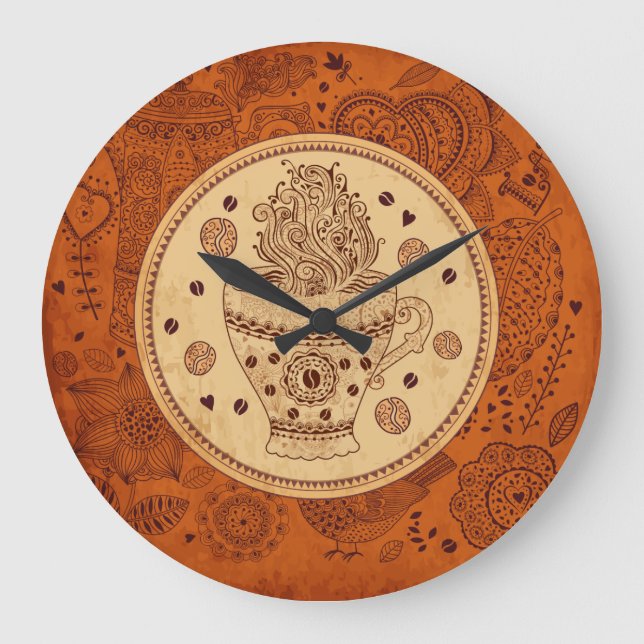 Brun- och Beige-kaffedesign, Retro-blommor Stor Klocka (Framsida)