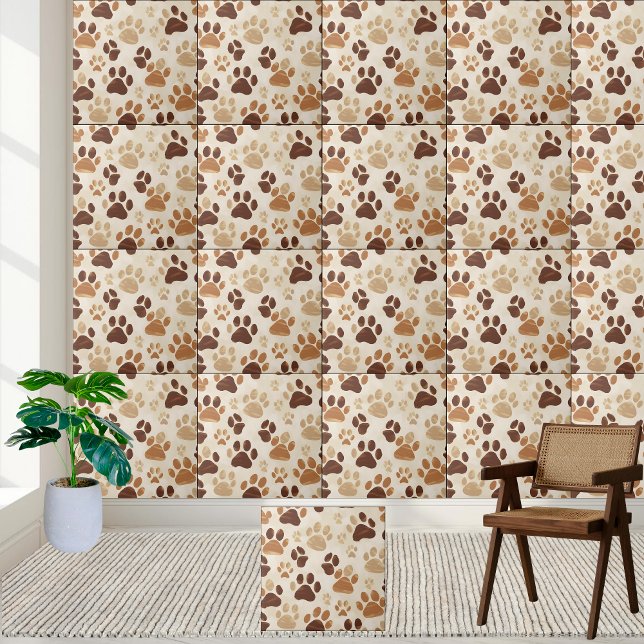 Brun och Beige Paw Skriv ut Mönster Tile Kakelplatta (Brown and Beige Paw Print Pattern Tile)