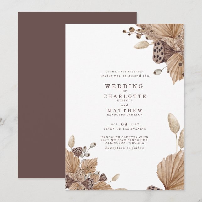 Brun- och Beige-torkad bröllopsinbjudan Inbjudningar (Fram/baksida)