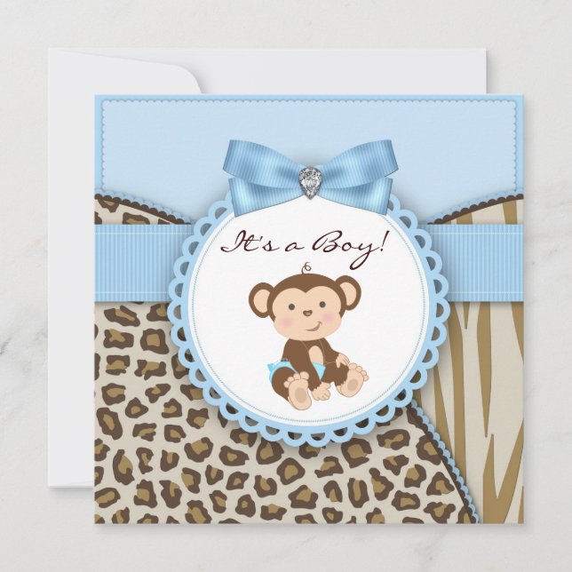 Brun och blå apbaby pojke shower inbjudningar (Framsida)