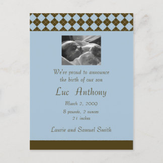 Brun och blå Argyle-kunngörande (anpassningsbar) Meddelande Vykort