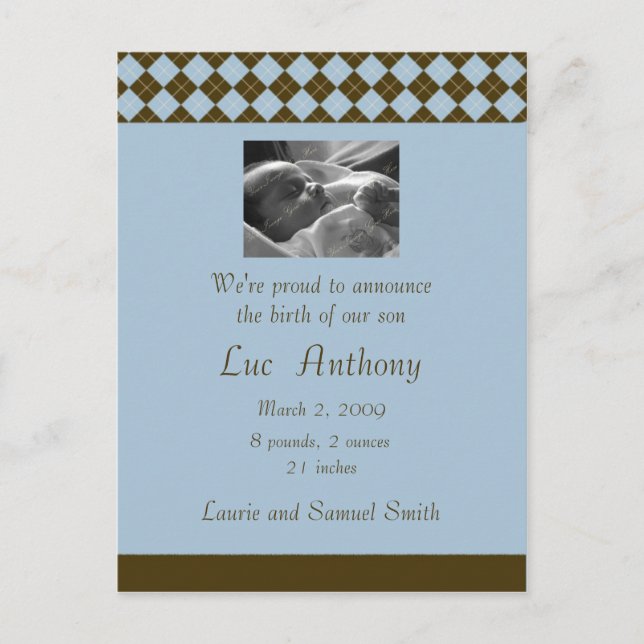 Brun och blå Argyle-kunngörande (anpassningsbar) Meddelande Vykort (Framsida)