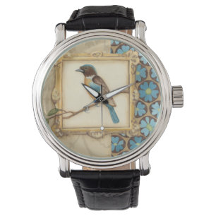 Brun och Blå Bird på en Gren Tittar upp Armbandsur
