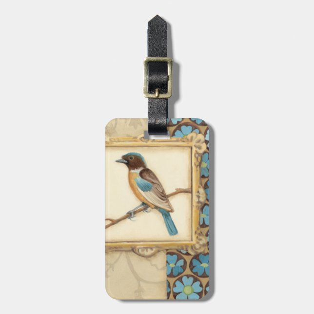 Brun och Blå Bird på en Gren Tittar upp Bagagebricka (Vertikal Framsida)