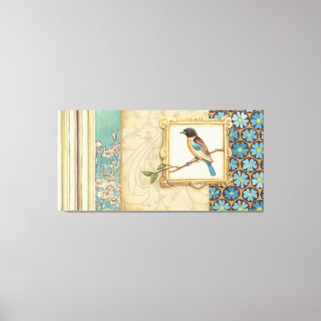 Brun och blå fågel på Gren Tittar upp Canvastryck (Framsida)