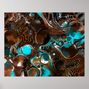 Brun och blå marmor Bubbles Fluid Art Poster