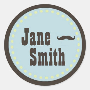 Brun och blå mustache Baby Shower Sticker Runt Klistermärke