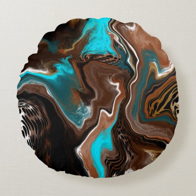 Brun och blå skalmarkörfluid Art Rund Kudde (Framsidan)