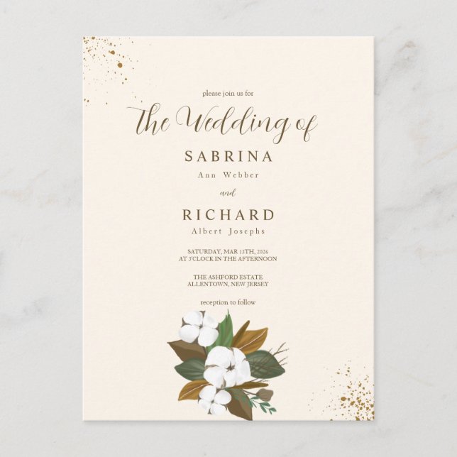 Brun och Cream Blommigt Bröllop Vykort (Framsida)