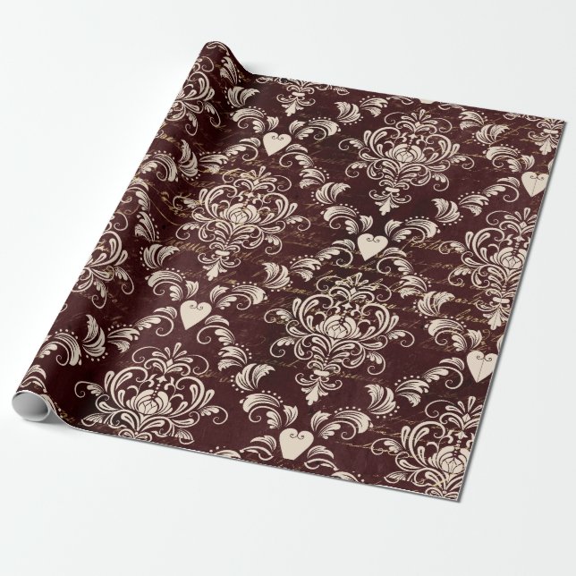 Brun och Cream Gothic Damask-mönster Presentpapper (Utrullad)