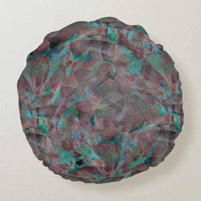 Brun- och cyanskuddar på ofärdiga väggplåster rund kudde (Baksidan)