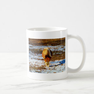 Brun och gräddminiatyrhäst i snö. kaffemugg