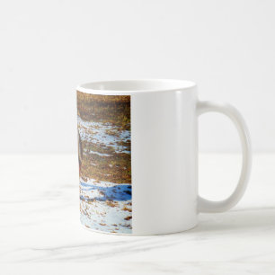 Brun och gräddminiatyrhäst i snö. kaffemugg