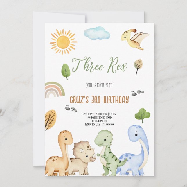 Brun Och Grön Dinosaurie Tre Rex 3-årsdag  Inbjudningar (Framsida)