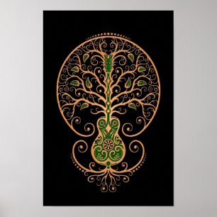 Brun och grön gitarrlivets träd på svart poster