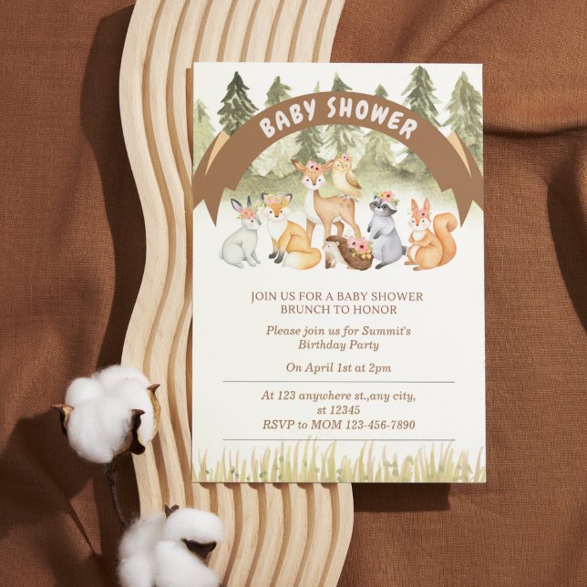 Brun och Grönt Woodland Animal Baby Shower Inbjudningar (Brown and Green Woodland Animal Baby Shower Invitation)