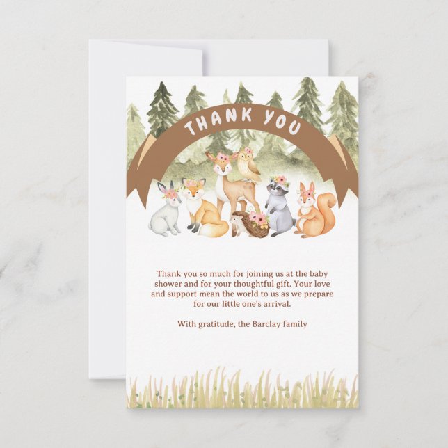 Brun och Grönt Woodland Animals Babyskor Tack Kort (Framsida)