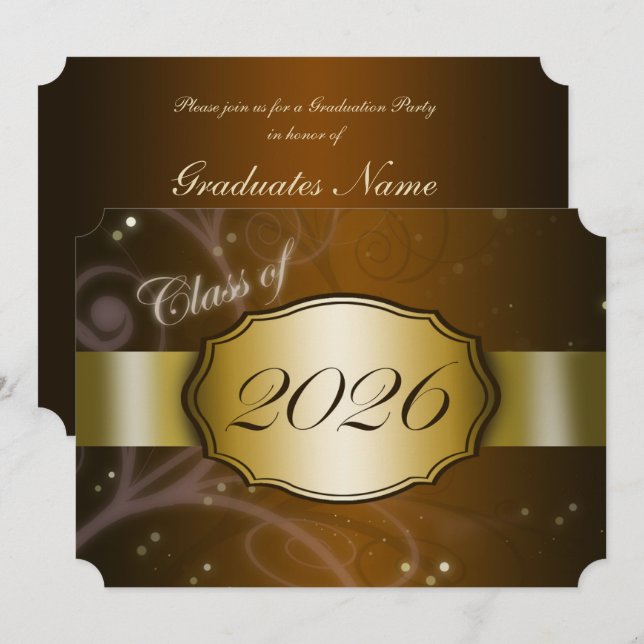 Brun och guld 2026 examensfest inbjudningar (Fram/baksida)