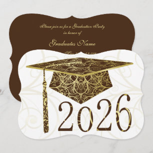 Brun och guld blommig mössa 2026 examensfest inbjudningar