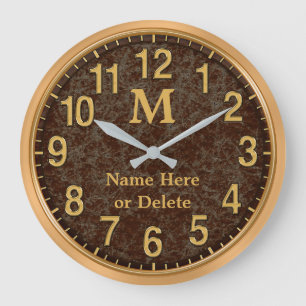Brun och Guld Monogrammed Personlig Clock Stor Klocka