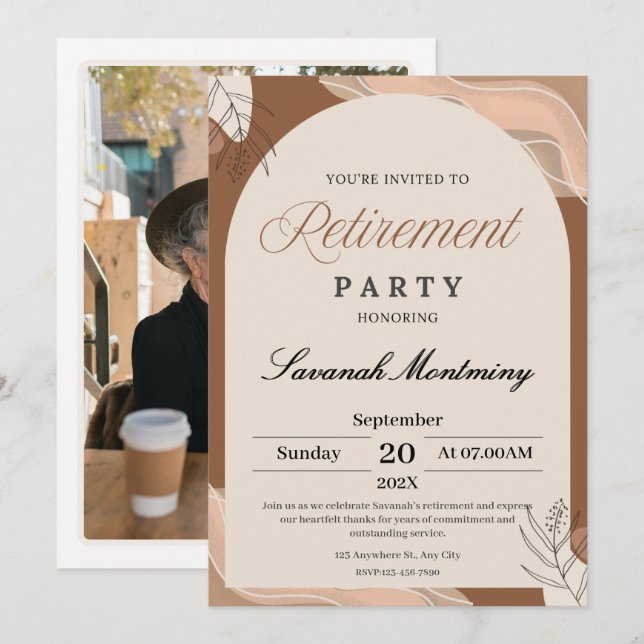 Brun och kräm estetisk pensionsfestfoto  inbjudningar (Fram/baksida)