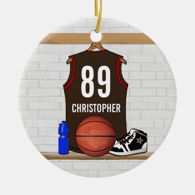 Brun och röd basket Jersey för personlig Julgransprydnad Keramik (Framsidan)