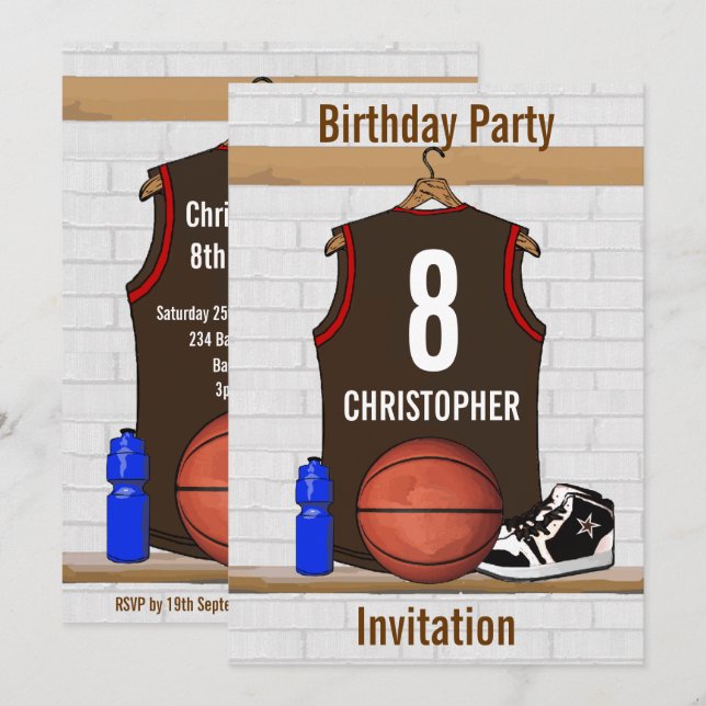 Brun och röd basketJersey födelsedagsfest Inbjudningar (Fram/baksida)