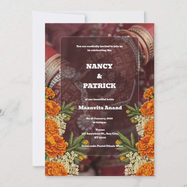 Brun och röd, minimalistisk mehendi-inbjudan inbjudningar (Framsida)