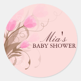 Brun och rosa blommig design Baby Shower-dekal Runt Klistermärke