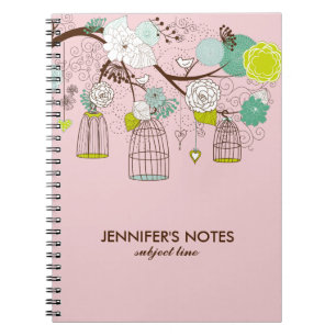 Brun och Rosa Retro Bird Cages & Flowers Anteckningsbok