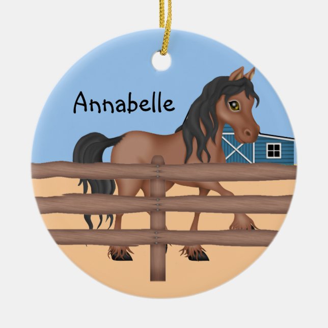 Brun och svart häst på en lantgård julgransprydnad keramik (Framsidan)