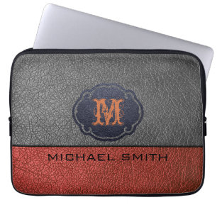 Brun och svart läder. Anpassningsbar Monogram Laptop Fodral