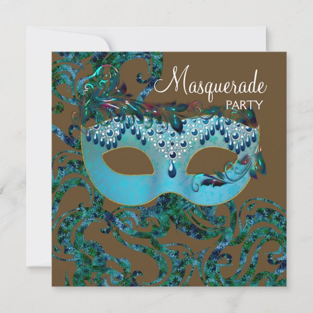 Brun och tealblå maskeradfest inbjudningar (Framsida)