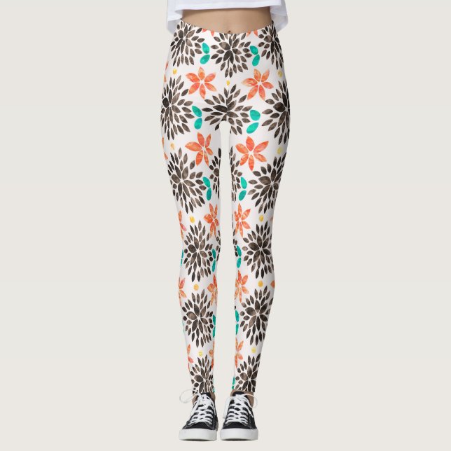 Brun och turkos Vattenfärgsblomma Mönster Leggings (Framsida)
