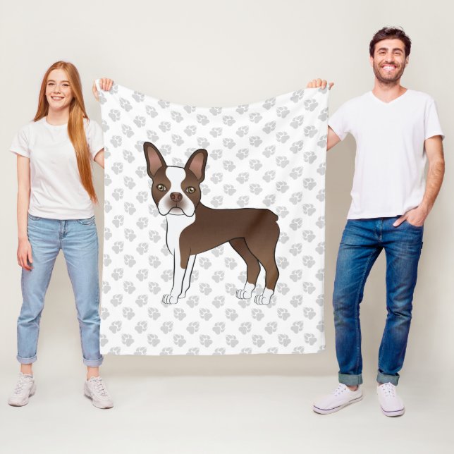 Brun och vit Boston Terrier-serietecknad hund & ta Fleecefilt (På plats)