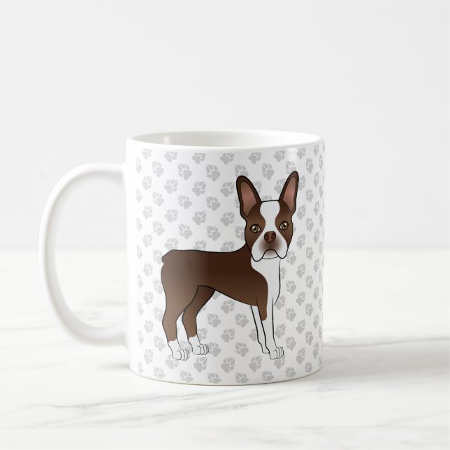 Brun och vit Boston Terrier-serietecknad hund & ta Kaffemugg (Vänster)