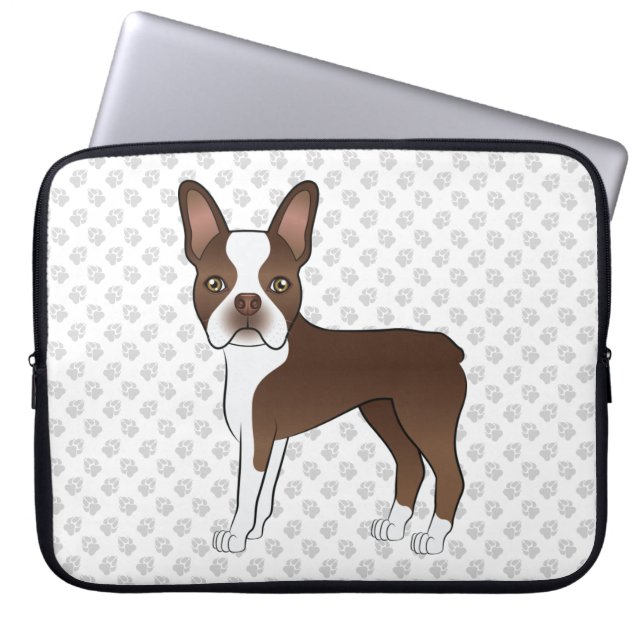 Brun och vit Boston Terrier-serietecknad hund & ta Laptop Fodral (Framsidan)