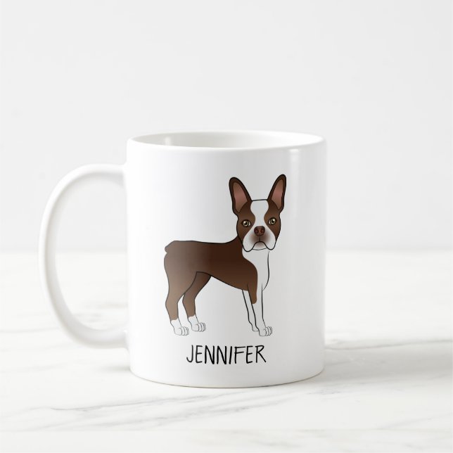 Brun Och Vit Boston Terrier Serieteckning Hund & N Kaffemugg (Vänster)