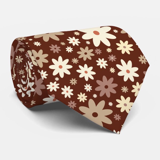 Brun och vit Daisy blomma Vår tema Slips (Rullad)