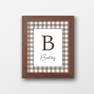 Brun och vit Gingham-rutig förnamnsskylt för barnk Poster