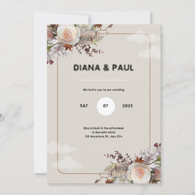 Brun och vit inbjudan till Rustic Bröllopsfest (Framsida)