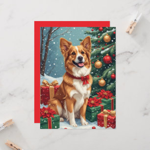Brun Och Vit Jul Hund Platt Julkort Kort