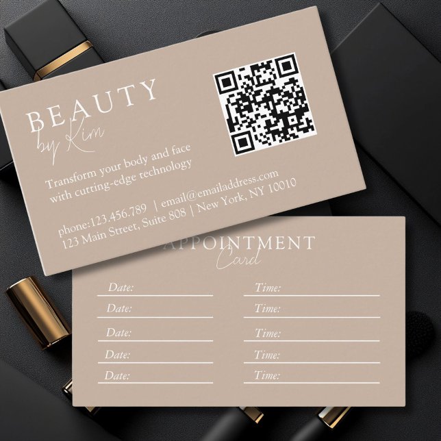 Brun och vit, Minimal, Elegant, Salon, QR-kod Tidsbeställning Kort (Brown & White, Minimal, Elegant, Salon, QR-Code Appointment Card)