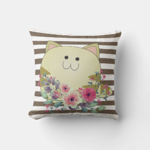 Brun och vit Rand Dekorativ kudde Cat-Blommigt