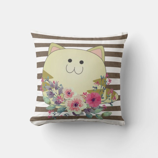 Brun och vit Rand Dekorativ kudde Cat-Blommigt (Framsida)