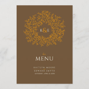 Brun orange botanic löv teckning monogram bröllop meny