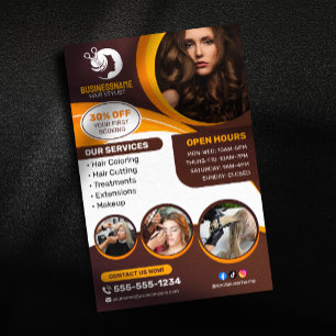 Brun Orange Frisör Frisörska Makeup salong Flygblad